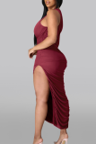 Burgundy Casual Solid High Opening One Shoulder Sleeveless Dress Dresses