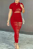 Rode mode sexy effen gescheurde uitgeholde O-hals jurk met korte mouwen