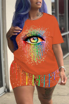 Orange Fashion Casual Print Eyes Printed Stitching O Neck Plus Size Two Pieces