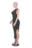 ブラック カジュアル ソリッド 高開口部 ワンショルダー ノースリーブ ドレス ドレス
