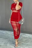 Vestido de manga curta vermelho fashion sexy sólido rasgado e oco