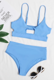 Blue Sexy Solid Hollowed Out Patchwork Swimwears