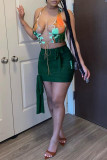 Design de alça sem costas com estampa sexy moda verde sem mangas duas peças