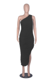 Black Casual Solid High Opening One Shoulder Sleeveless Dress Dresses