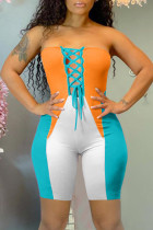 Orange Sexig Casual Patchwork Backless Strap Design Strapless Skinny Romper