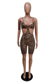 Coffee Fashion Sexy Print Hollowed Out Backless V Neck Sling Romper