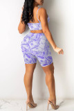 Light Purple Fashion Sexy Print Hollowed Out Backless V Neck Sling Romper