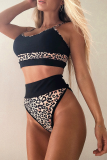 Rose Red Sexy Leopard Color Block Patchwork Swimwears