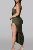 Army Green Casual Solid High Opening One Shoulder Sleeveless Dress Dresses