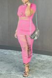ピンクのファッションセクシーなソリッドリップドくり抜かれたOネック半袖ドレス
