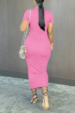 ピンクのファッションセクシーなソリッドリップドくり抜かれたOネック半袖ドレス