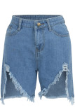 Short jeans azul com botão e manga alta patchwork assimétrico lisos shorts retos