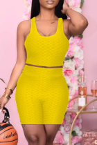 Yellow Sexy Solid Patchwork O Neck Sleeveless Two Pieces