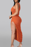 Orange Casual Solid High Opening One-Shoulder-Sleeveless Dress Kleider