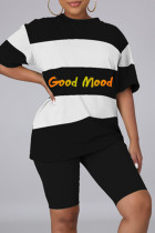 Black Fashion Casual Letter Print Basic O Neck Short Sleeve Two Pieces