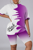 Фиолетовый модный повседневный принт с буквенным принтом, базовый, с круглым вырезом, с коротким рукавом, из двух частей
