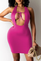 Розово-красное модное сексуальное однотонное платье с вырезом на бретелях и U-образным вырезом