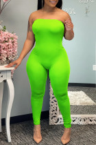 Fluorescent Green Sexy Casual Solid Backless Jumpsuits Strapless Skinny Jumpsuits
