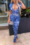 Blue Fashion Casual Print Rits Kraag Regular Jumpsuits (Zonder Taille Chain)