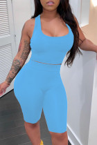 Light Blue Fashion Casual Solid Basic U Neck Sleeveless Two Pieces Tank Tops And Short Set