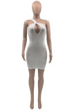 White Fashion Sexy Solid Hollowed Out Backless One Shoulder Sleeveless Dress