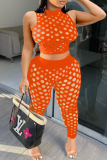Tangerine Red Sexy Patchwork Hollowed Out Half A Turtleneck Plus Size Two Pieces
