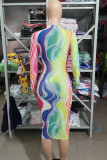 Color Fashion Sexy Print Durchsichtige Langarmkleider mit O-Ausschnitt