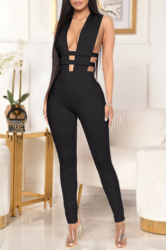Black Sexy Casual Solid Hollowed Out V Neck Skinny Jumpsuits