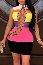 Pink Fashion Sexy Patchwork Hollowed Out Turtleneck Sleeveless Dress