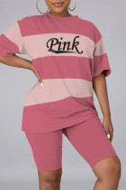 ピンクファッションカジュアルレタープリントベーシックOネック半袖ツーピース