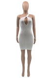 White Fashion Sexy Solid Hollowed Out Backless One Shoulder Sleeveless Dress