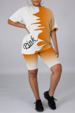 オレンジファッションカジュアルレタープリントベーシックOネック半袖ツーピース