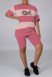 Розовый модный повседневный принт с буквенным принтом, базовый, с круглым вырезом, с коротким рукавом, из двух частей