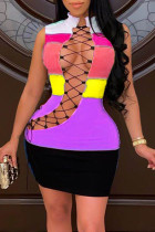 Purple Fashion Sexy Patchwork Hollowed Out Turtleneck Sleeveless Dress