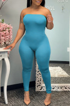 Sky Blue Sexy Casual Solid Backless Jumpsuits Strapless Skinny Jumpsuits