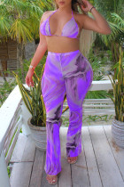 Фиолетовые модные сексуальные купальники с открытой спиной и принтом
