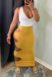 Желтая сексуальная повседневная сплошная выдолбленная юбка с высоким воротом