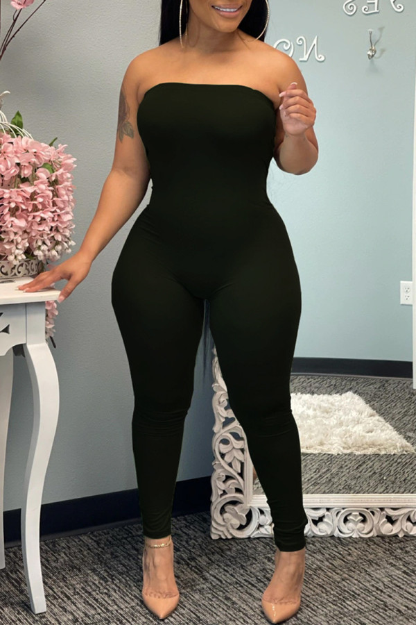 Black Sexy Casual Solid Backless Jumpsuits Strapless Skinny Jumpsuits