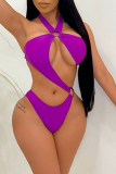 Фиолетовый сексуальный однотонный выдолбленный лоскутный купальник с бретелькой на шее плюс размер купальника