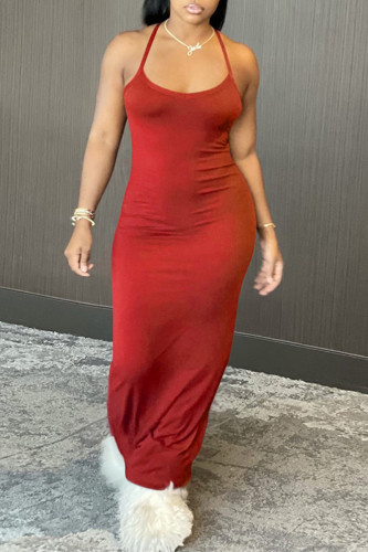 Мандариновое красное сексуальное повседневное однотонное платье без рукавов с открытой спиной и бретельками на тонких бретелях