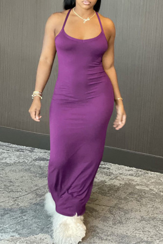 Фиолетовое сексуальное повседневное однотонное платье без рукавов с открытой спиной на тонких бретелях