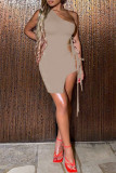 カーキファッションセクシーなソリッドホローアウトストラップデザインワンショルダーノースリーブドレス