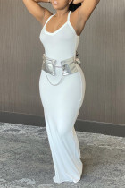 ホワイトセクシーカジュアルソリッドバックレススパゲッティストラップノースリーブドレス