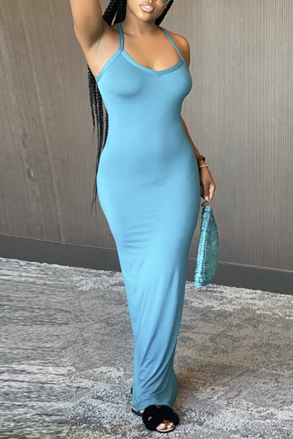 Vestido Sexy Azul Claro Casual Sólido Sem Costas Sem Manga Alça Esparguete