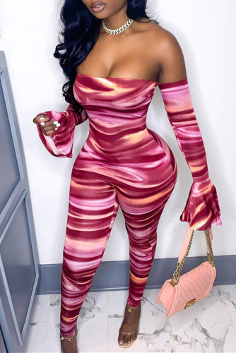 Pink Fashion Sexy Print Backless Off the Shoulder Skinny Jumpsuits
