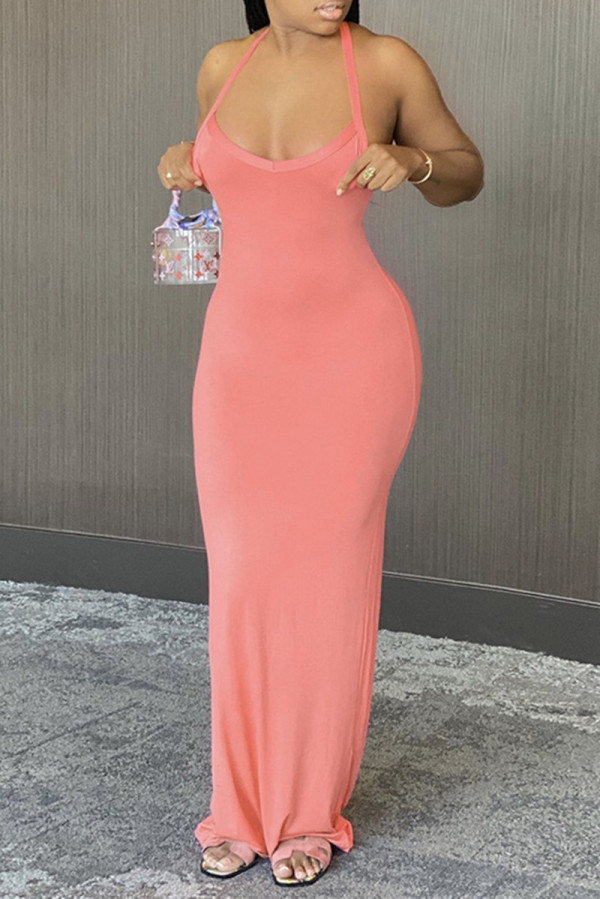 Roze sexy casual effen rugloze mouwloze jurk met spaghettibandjes