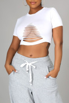 White Sexy Casual Solid Ripped Hollowed Out O Neck T-Shirts