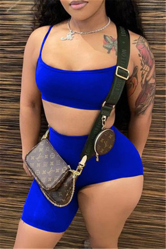 Blue Fashion Sexy Suspender Top And Shorts Two-piece Set Cami Crop Tops And Shorts Sets
