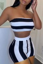 White Sexy Striped Patchwork Off the Shoulder Sleeveless Two Pieces