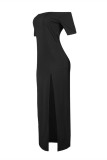 Vestido de manga corta con hombros descubiertos y abertura sólida informal negro sexy